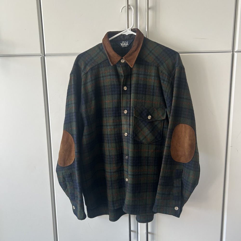 Woolrich Vintage Mens Plaid Wool Shirt Elbow Patches Green Blue Made in USA XL
